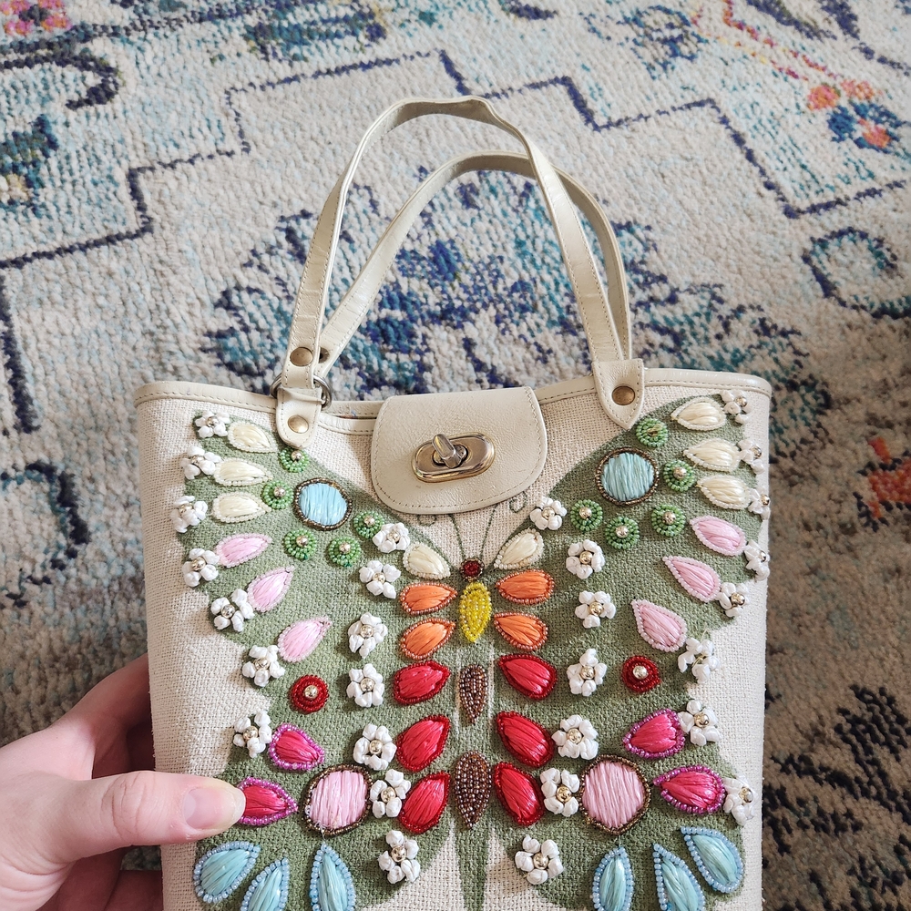 Christina Cream Mini Bag with Colorful Embroidered Butterfly